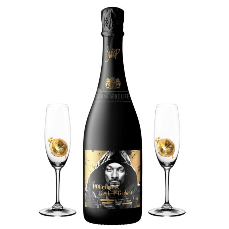 19 crimes snoop cali gold brut with two champagne flutes