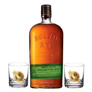 Bulleit Rye Whiskey with two rocks glasses