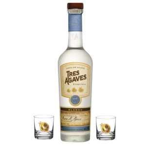 Tres Agaves Blanco Tequila with two shot glasses