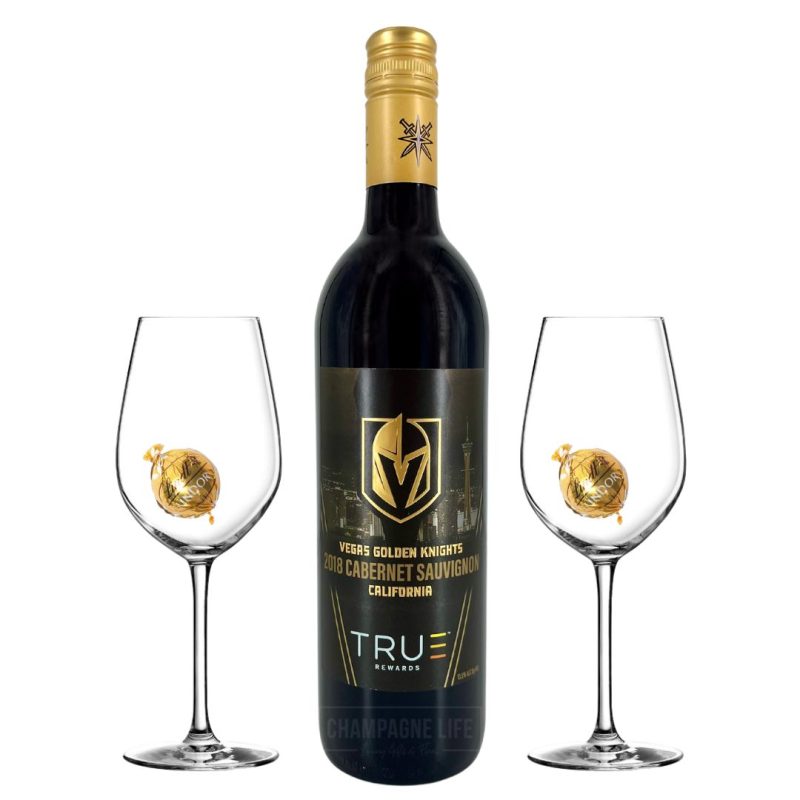 Vegas Golden Knights Cabernet Sauvignon with two wine glasses and chocolate truffles.